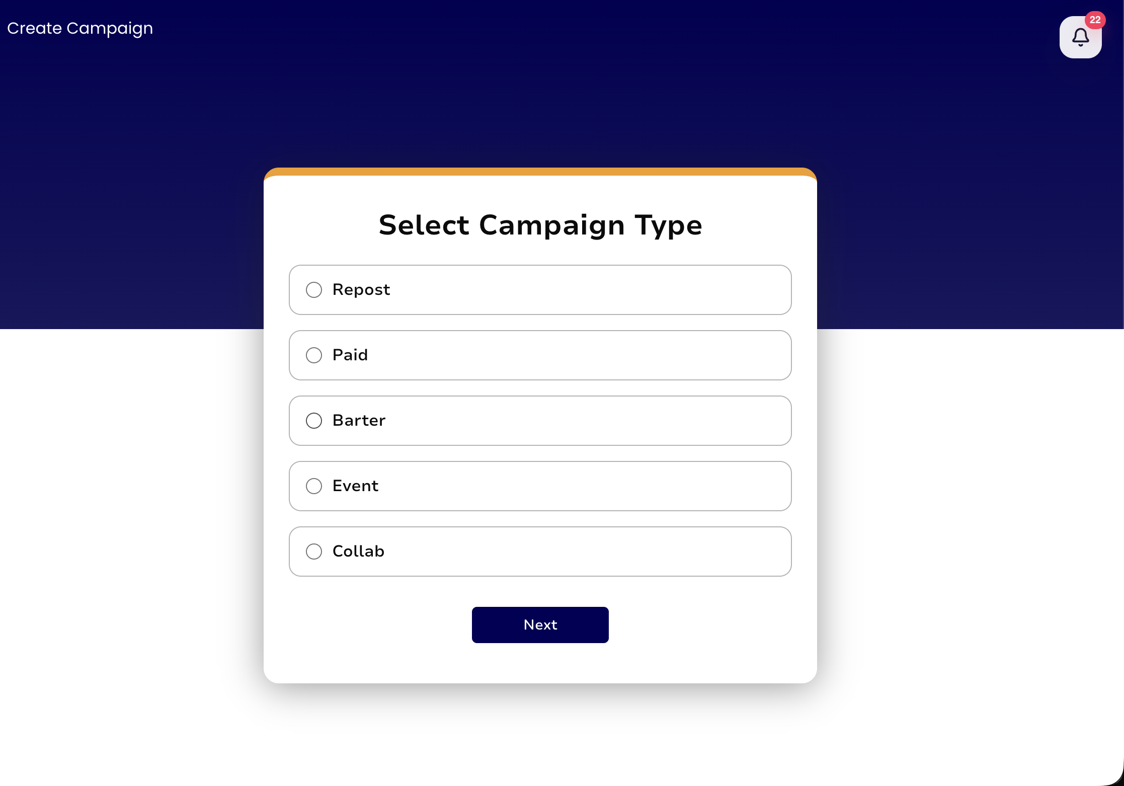 Page 1 of the original campaign creation flow: campaign type selection