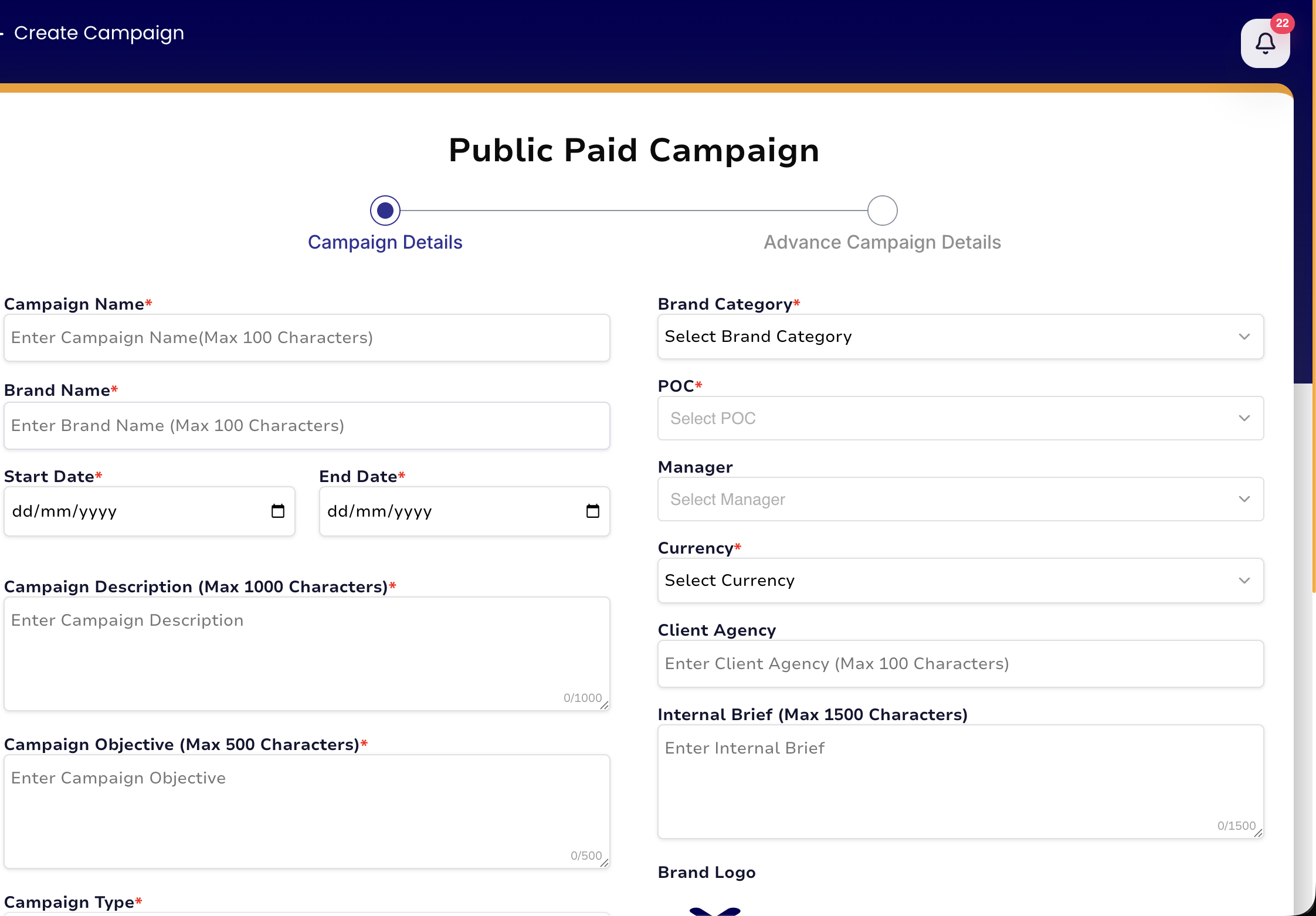 Page 3 of the original campaign creation flow: additional details